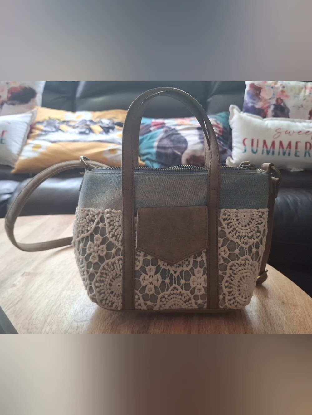 True Craft Beige Canvas Mini Bag with Cream Lace and Brown Trim